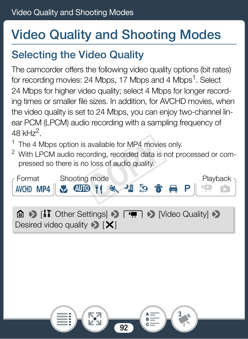 Video quality and shooting modes, Selecting the video quality, Cop y | Canon VIXIA mini X User Manual | Page 92 / 310