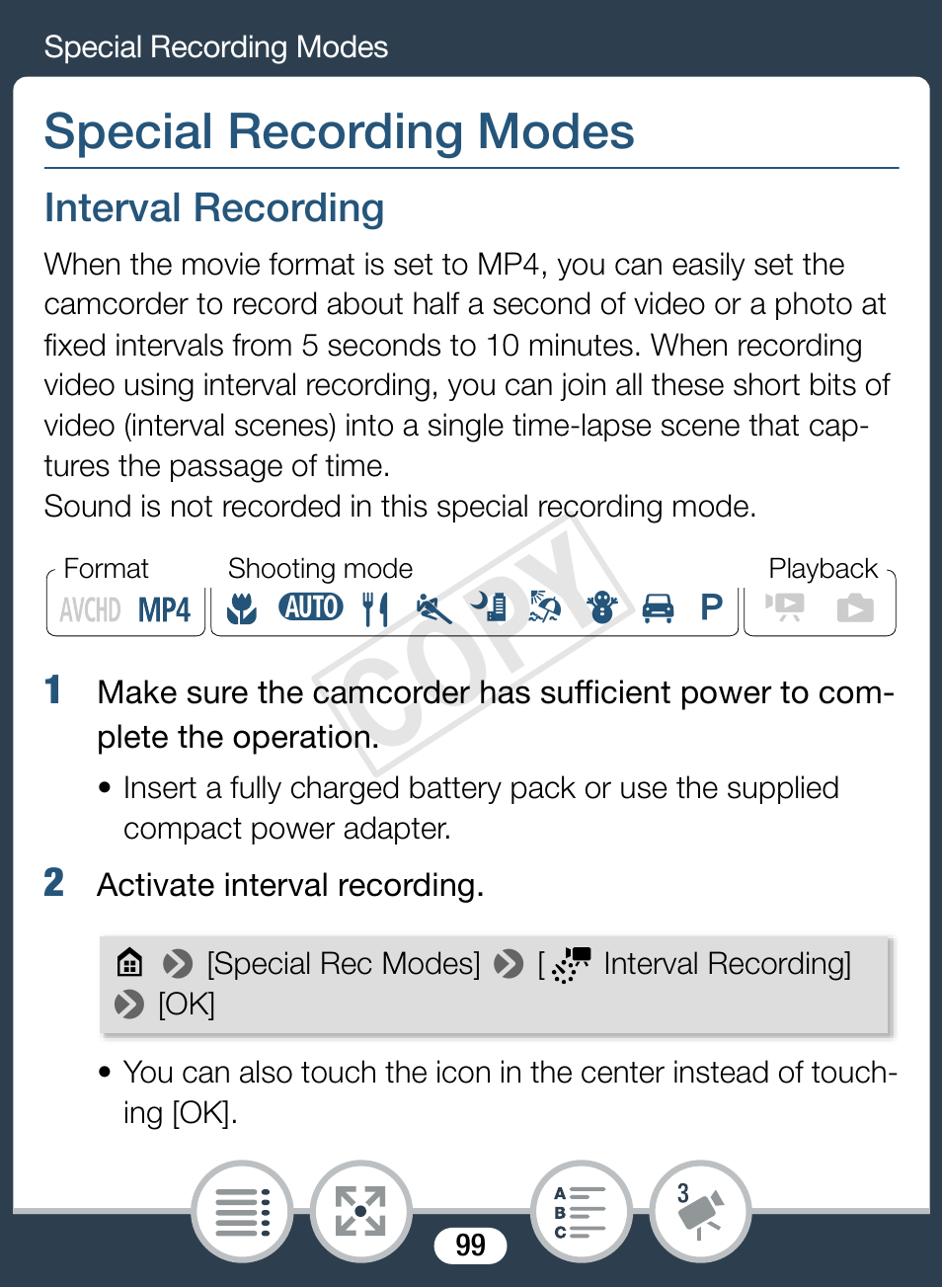 Special recording modes, Interval recording, Cop y | Canon VIXIA mini X User Manual | Page 99 / 310