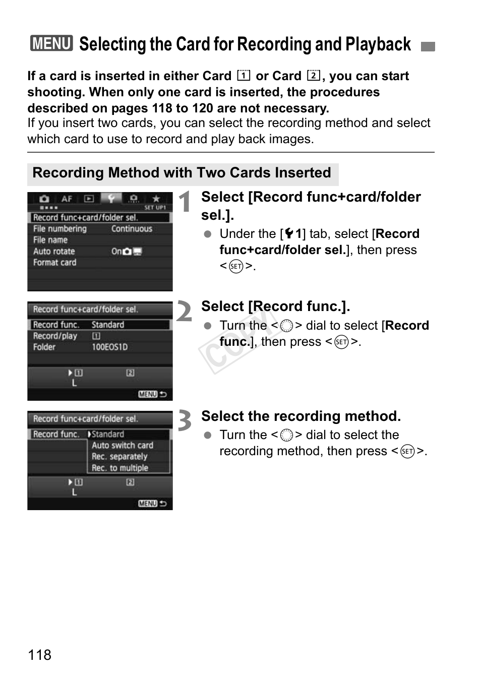 Selecting the card for recording and playback, P.118, Cop y | Canon EOS-1D C User Manual | Page 118 / 420
