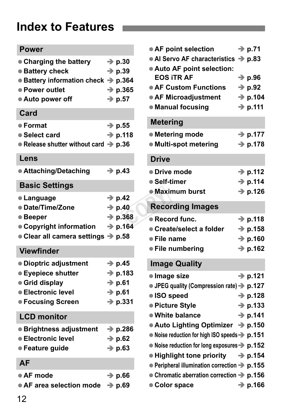 Index to features, C op y | Canon EOS-1D C User Manual | Page 12 / 420