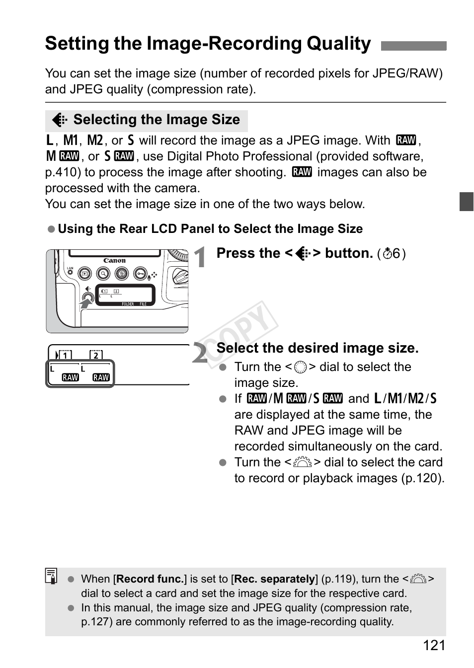 Setting the image-recording quality, P.121, Cop y | Canon EOS-1D C User Manual | Page 121 / 420