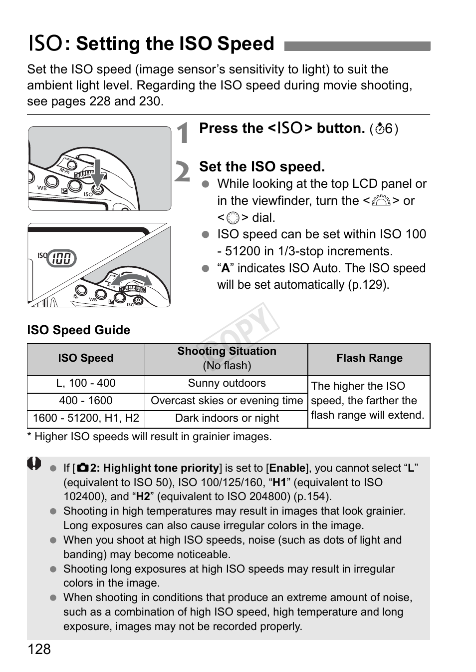 Setting the iso speed, P.128, Cop y | I: setting the iso speed | Canon EOS-1D C User Manual | Page 128 / 420