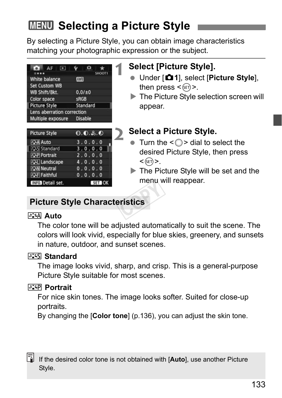 Selecting a picture style, P.133, Cop y | 3selecting a picture style | Canon EOS-1D C User Manual | Page 133 / 420