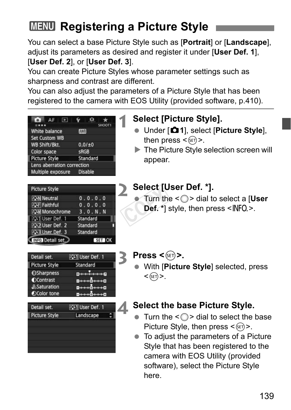 Registering a picture style, Cop y, 3registering a picture style | Canon EOS-1D C User Manual | Page 139 / 420