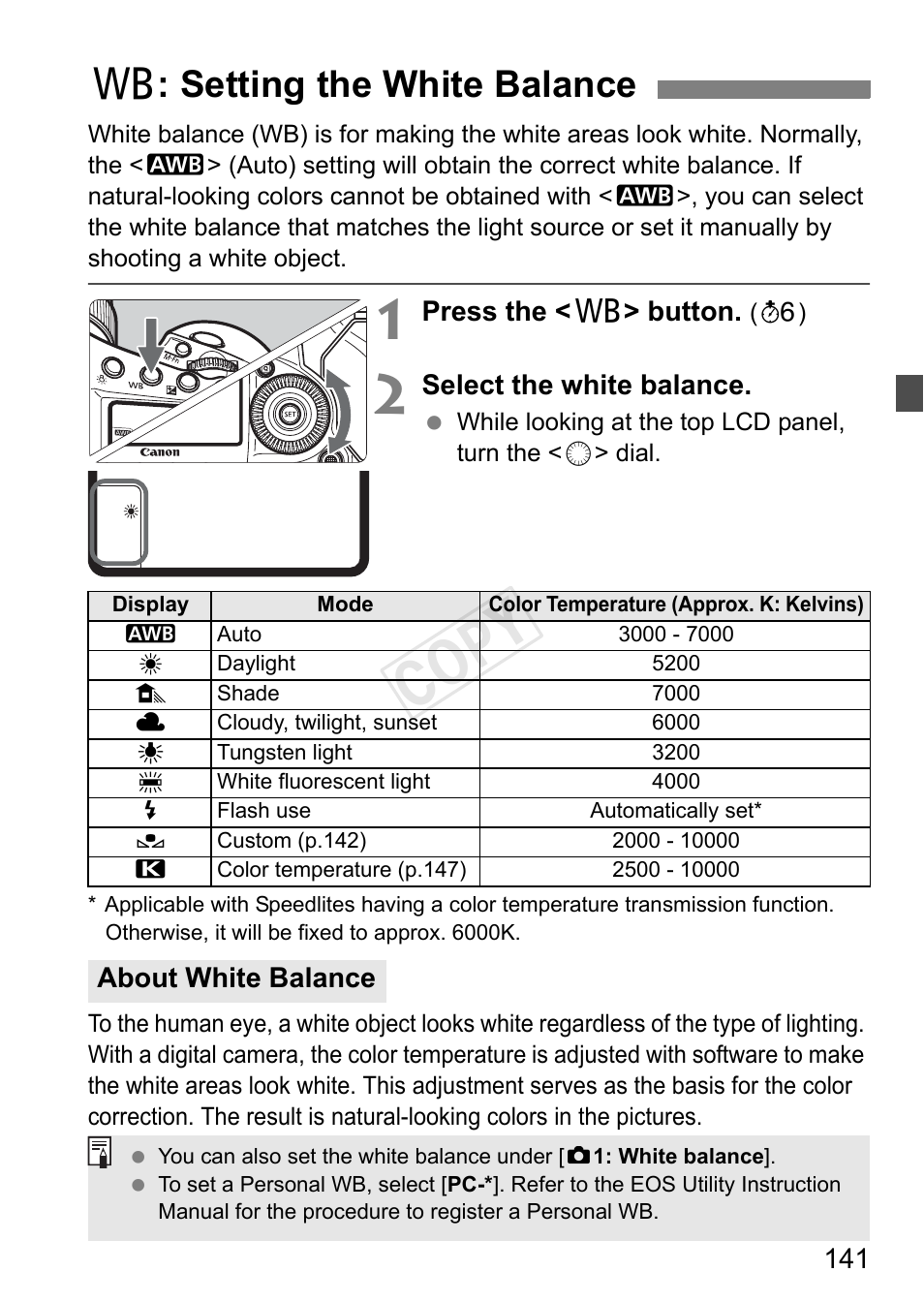 Setting the white balance, P.141, Cop y | B: setting the white balance | Canon EOS-1D C User Manual | Page 141 / 420
