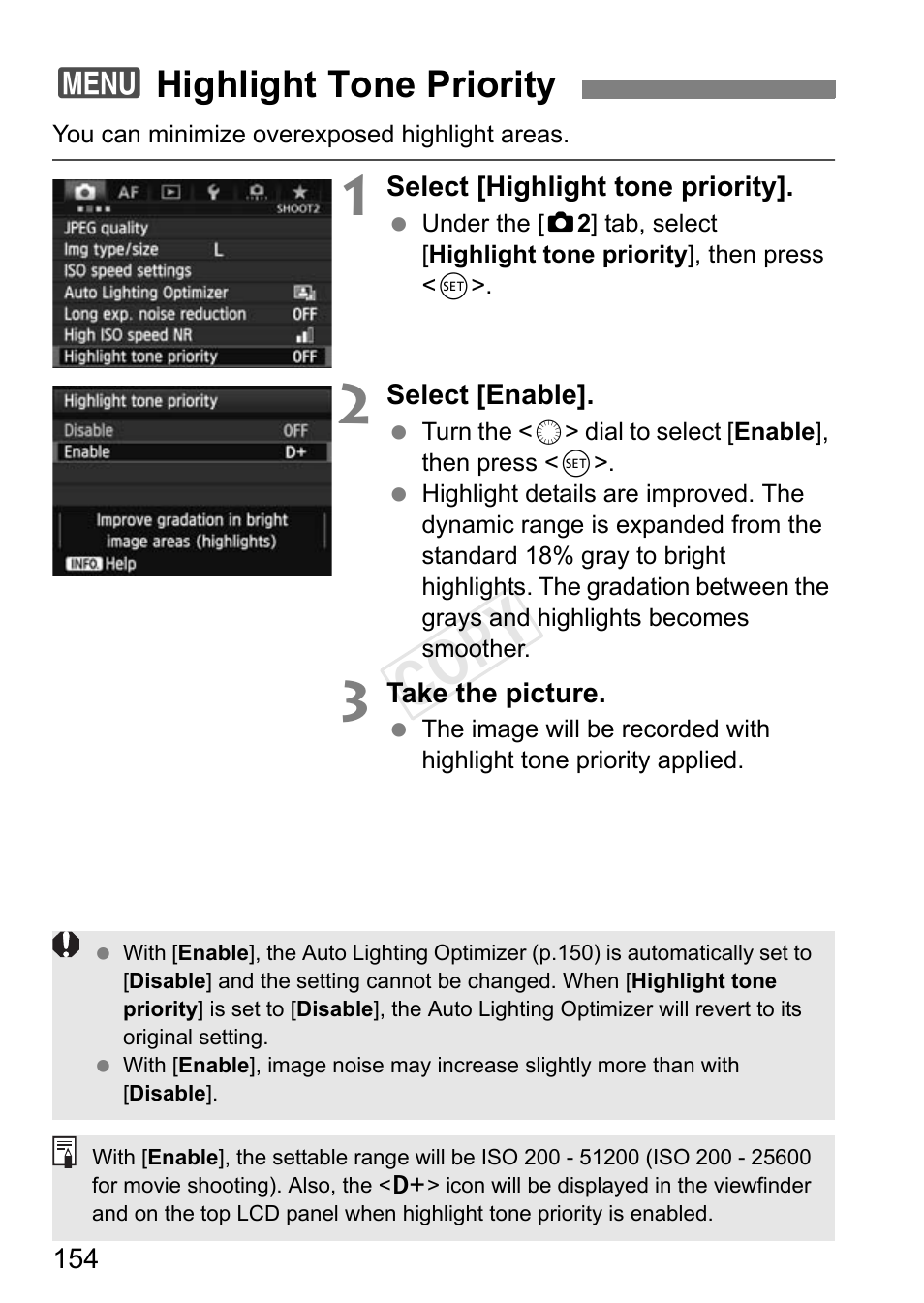 Highlight tone priority, P.154, Cop y | 3highlight tone priority | Canon EOS-1D C User Manual | Page 154 / 420