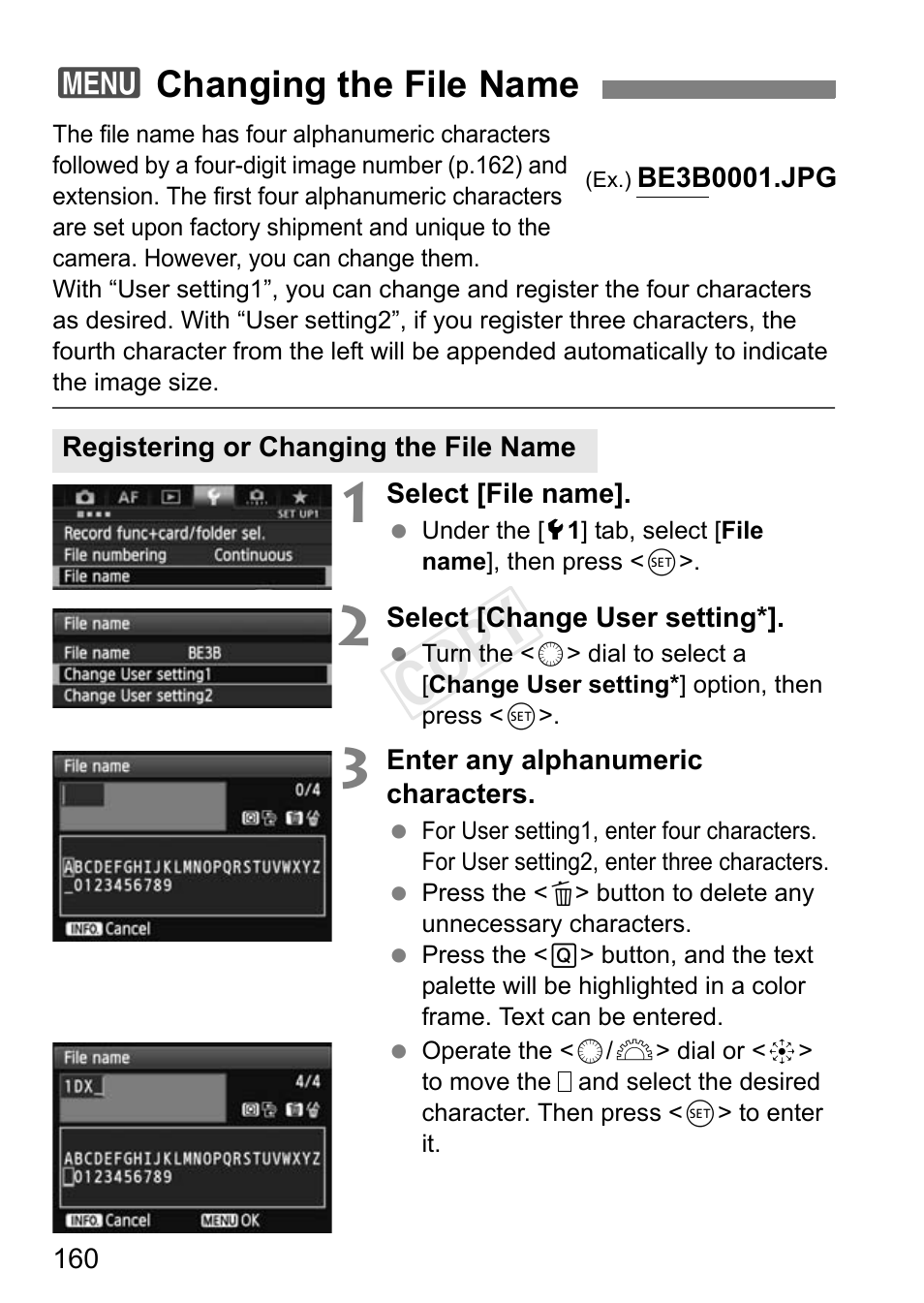Changing the file name, P.160, Cop y | 3changing the file name | Canon EOS-1D C User Manual | Page 160 / 420