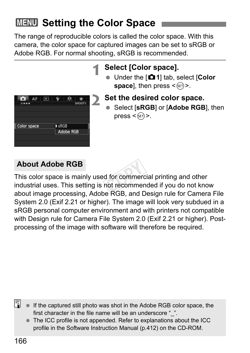 Setting the color space, P.166, Cop y | 3setting the color space | Canon EOS-1D C User Manual | Page 166 / 420