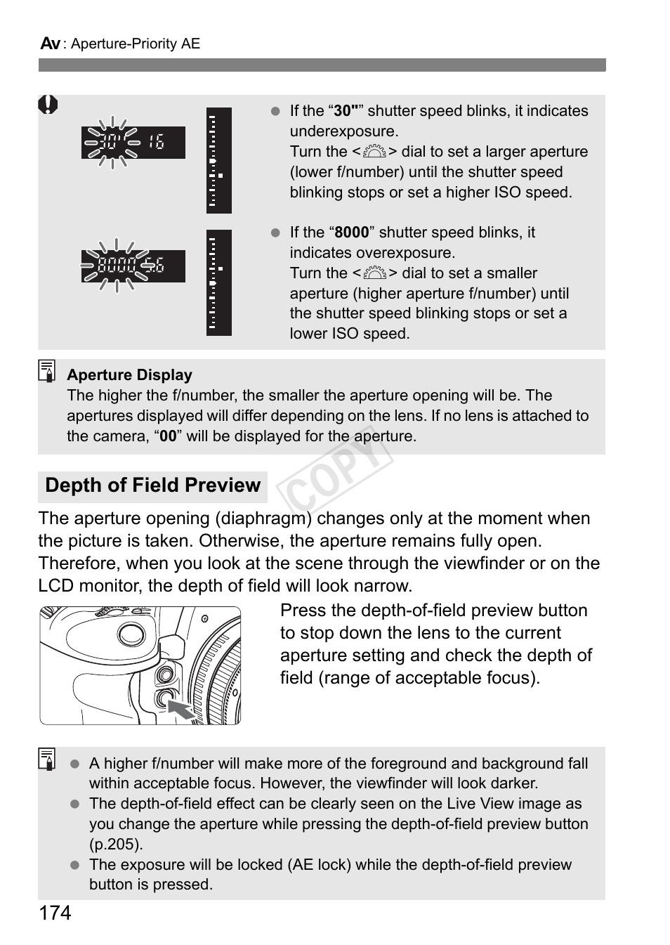 Depth of field preview, P.174, Cop y | Canon EOS-1D C User Manual | Page 174 / 420