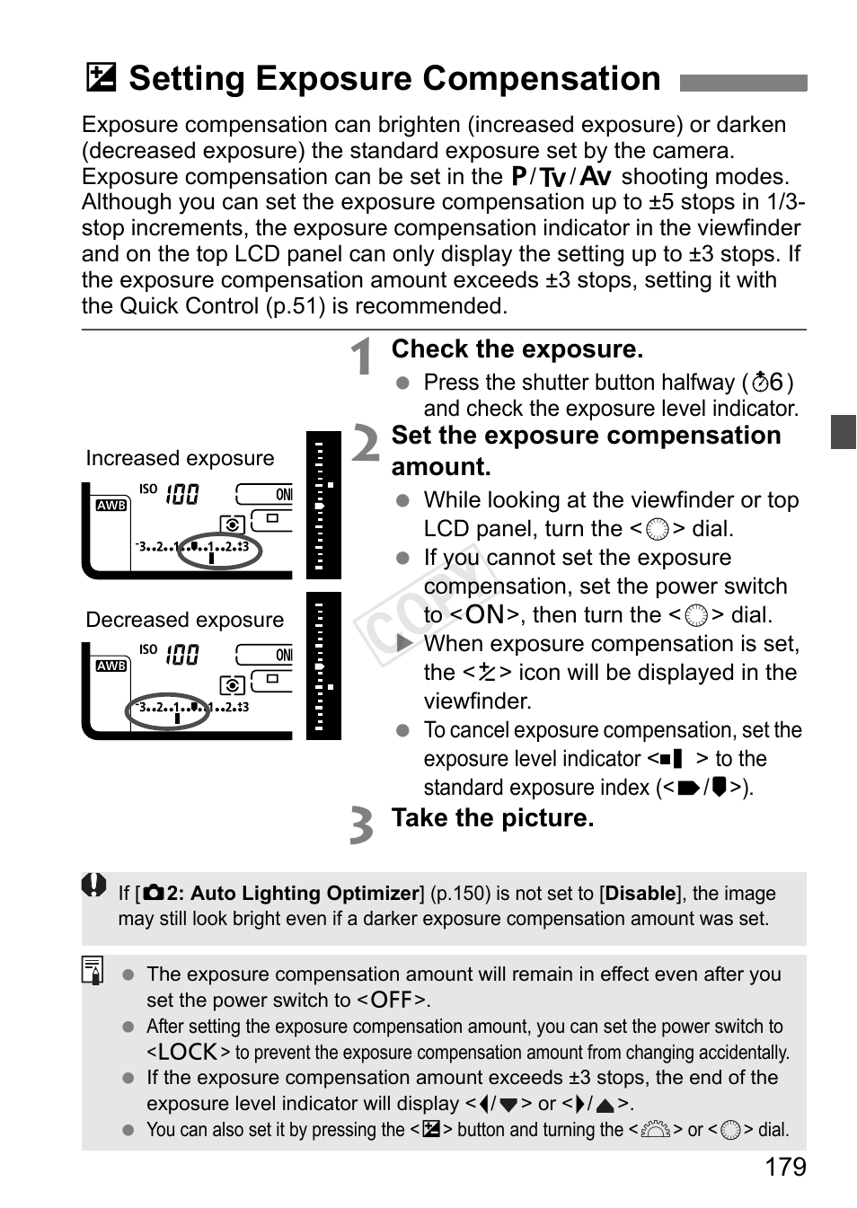 Setting exposure compensation, P.179, Cop y | Osetting exposure compensation | Canon EOS-1D C User Manual | Page 179 / 420