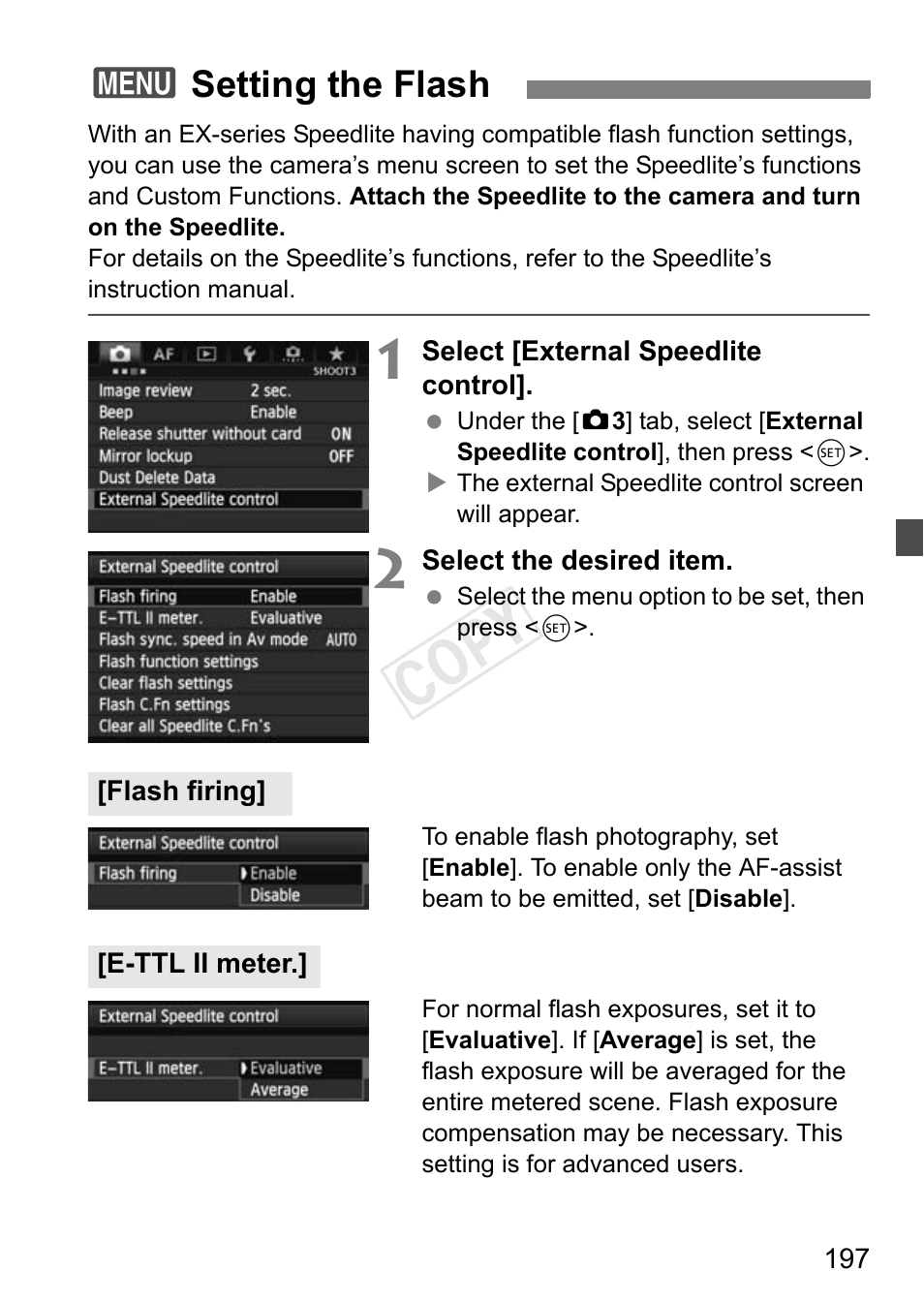 Setting the flash, P.197, Cop y | 3setting the flash | Canon EOS-1D C User Manual | Page 197 / 420