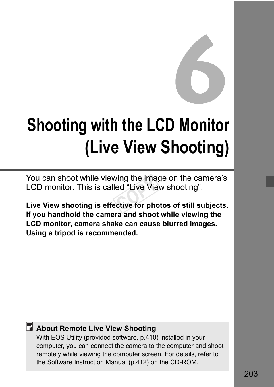 P.203, Shooting with the lcd monitor (live view shooting), Cop y | Canon EOS-1D C User Manual | Page 203 / 420