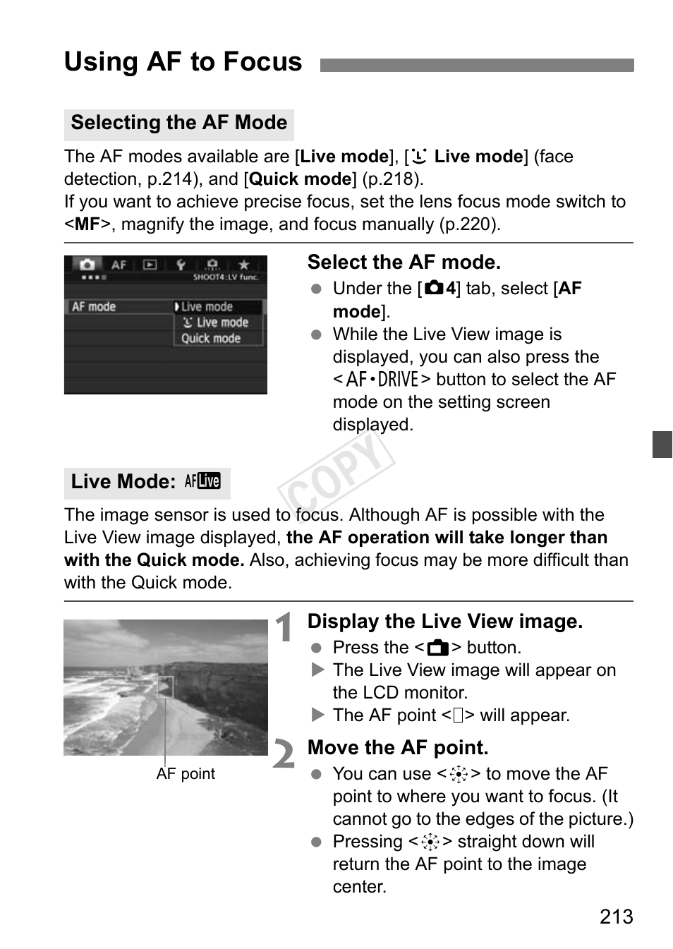 Using af to focus, P.213, Cop y | Canon EOS-1D C User Manual | Page 213 / 420
