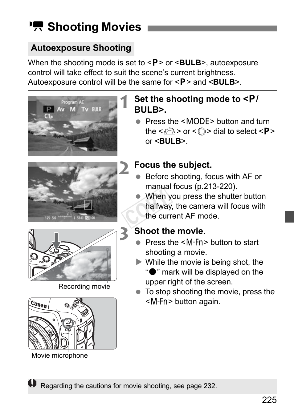 Shooting movies, Autoexposure shooting, Cop y | Kshooting movies | Canon EOS-1D C User Manual | Page 225 / 420