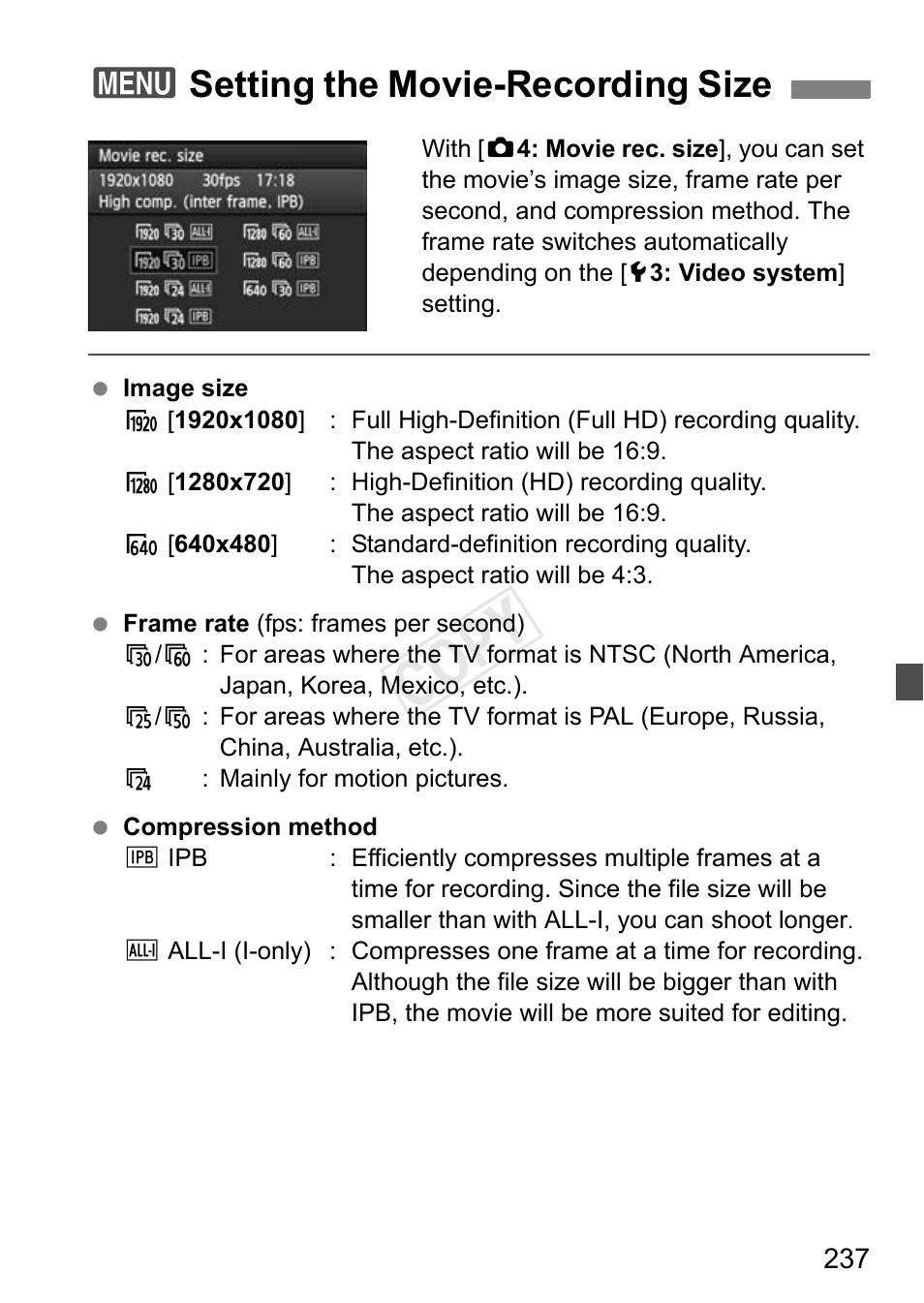 Setting the movie-recording size, P.237, Cop y | 3setting the movie-recording size | Canon EOS-1D C User Manual | Page 237 / 420