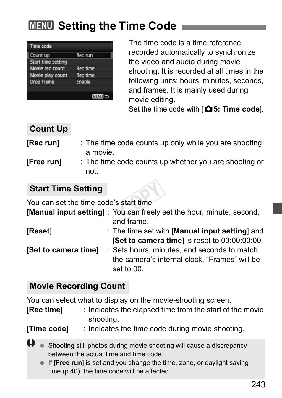Setting the time code, P.243, Cop y | 3setting the time code | Canon EOS-1D C User Manual | Page 243 / 420