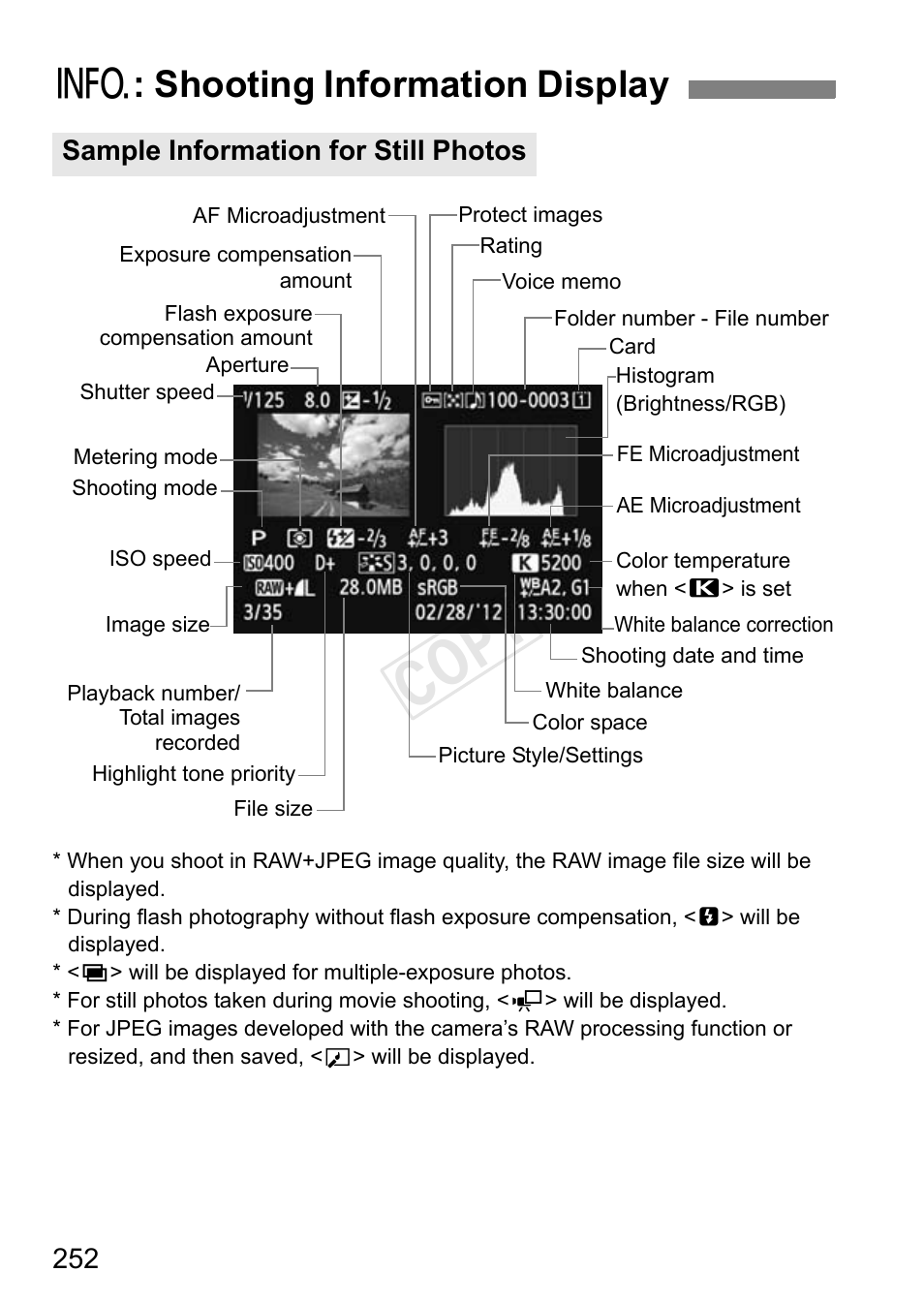 B: shooting information display, P.252, Cop y | B : shooting information display, Sample information for still photos | Canon EOS-1D C User Manual | Page 252 / 420