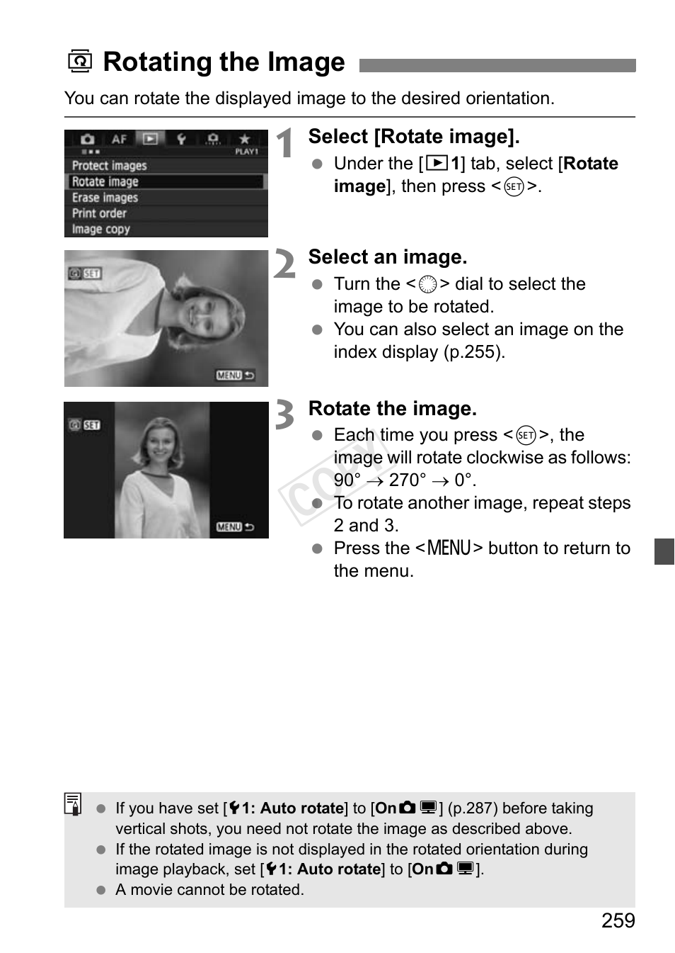B rotating the image, P.259, Cop y | Canon EOS-1D C User Manual | Page 259 / 420