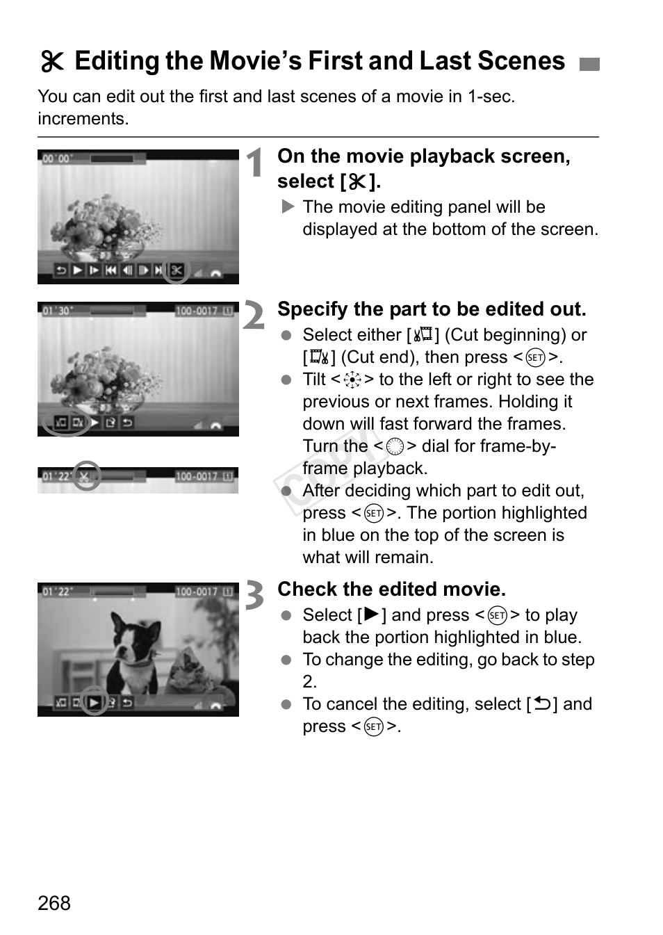 Editing the movie’s first and last scenes, Cop y, Xediting the movie’s first and last scenes | Canon EOS-1D C User Manual | Page 268 / 420