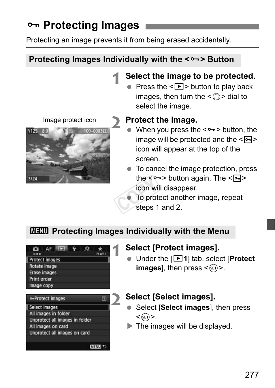 Protecting images, P.277, Cop y | Jprotecting images | Canon EOS-1D C User Manual | Page 277 / 420