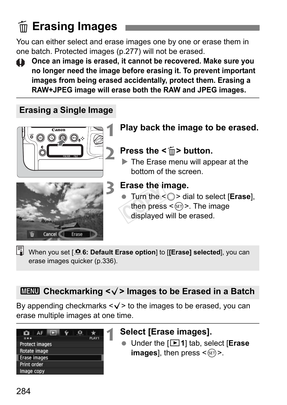Erasing images, P.284, Cop y | Lerasing images | Canon EOS-1D C User Manual | Page 284 / 420