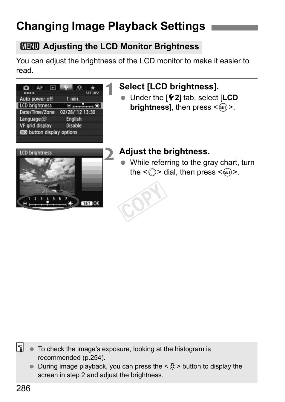 Changing image playback settings, Adjusting the lcd monitor brightness, P.286 | Cop y | Canon EOS-1D C User Manual | Page 286 / 420