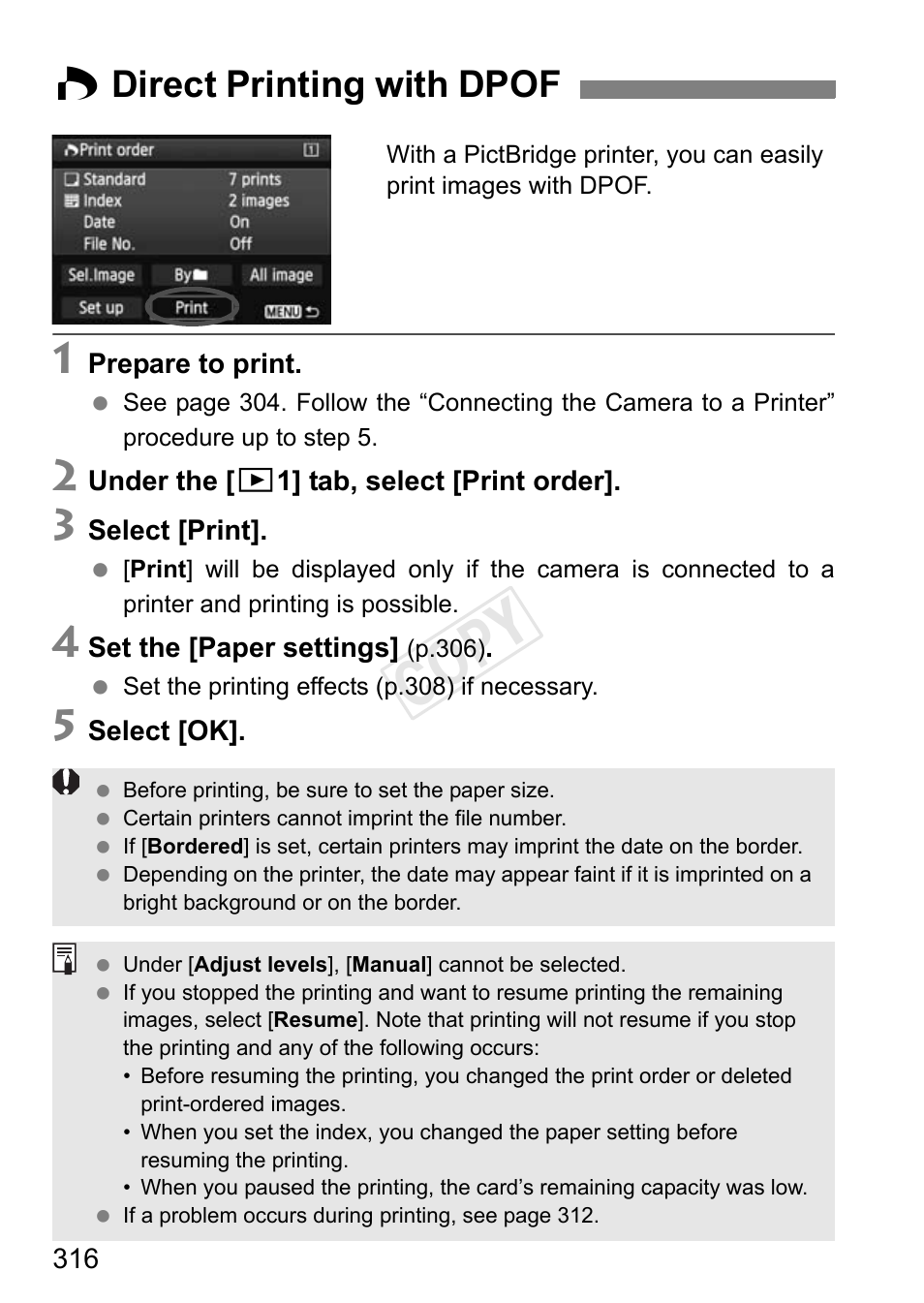 W direct printing with dpof, Cop y | Canon EOS-1D C User Manual | Page 316 / 420