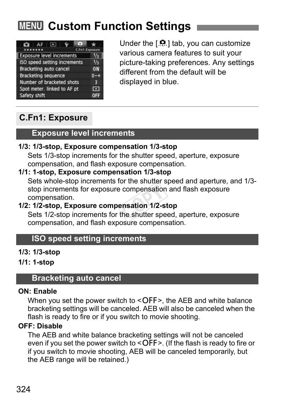 Custom function settings, C.fn1: exposure, Cop y | 3custom function settings | Canon EOS-1D C User Manual | Page 324 / 420