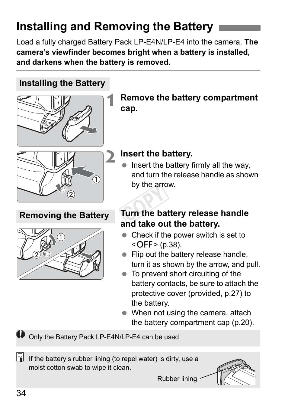 Installing and removing the battery, Cop y | Canon EOS-1D C User Manual | Page 34 / 420