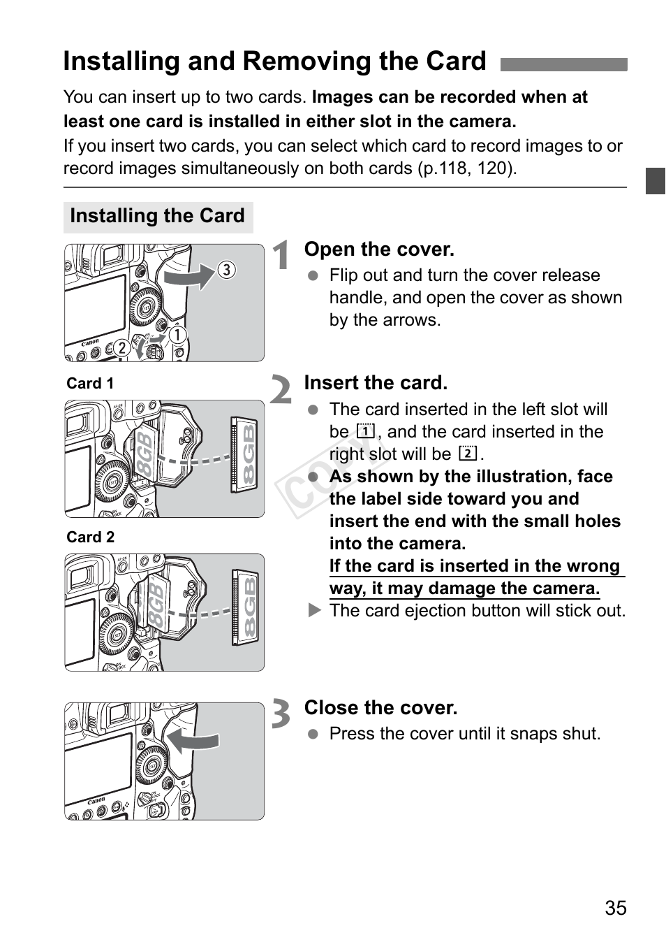Installing and removing the card, Cop y | Canon EOS-1D C User Manual | Page 35 / 420