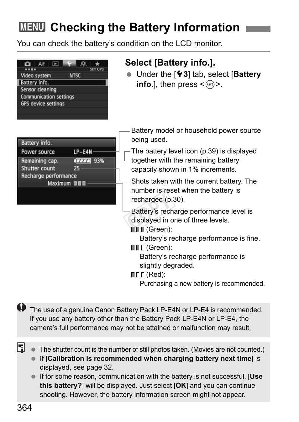 Checking the battery information, P.364, Cop y | 3checking the battery information | Canon EOS-1D C User Manual | Page 364 / 420