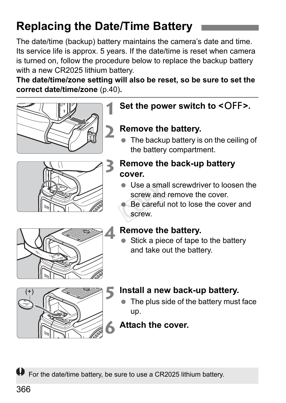 Replacing the date/time battery, Cop y | Canon EOS-1D C User Manual | Page 366 / 420