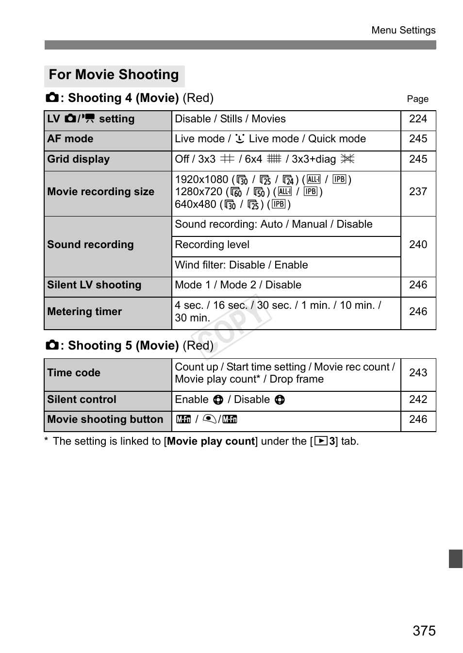 Cop y, For movie shooting | Canon EOS-1D C User Manual | Page 375 / 420