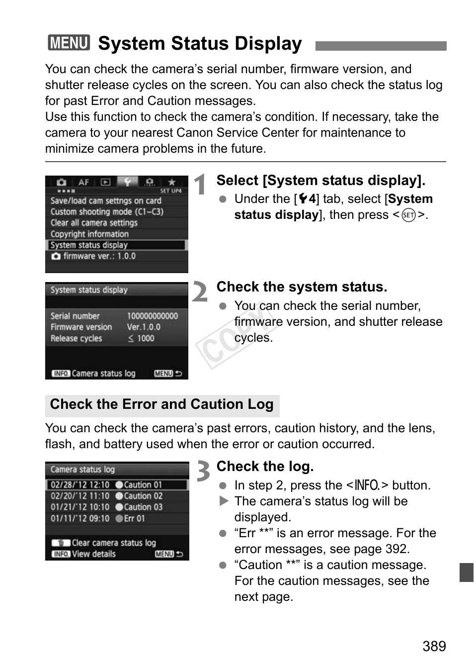 System status display, P.389, Cop y | 3system status display | Canon EOS-1D C User Manual | Page 389 / 420