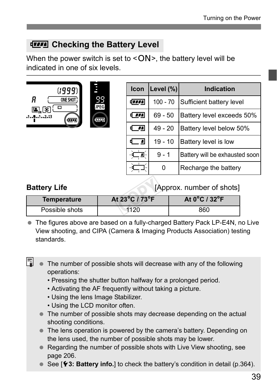 Cop y, Z checking the battery level | Canon EOS-1D C User Manual | Page 39 / 420