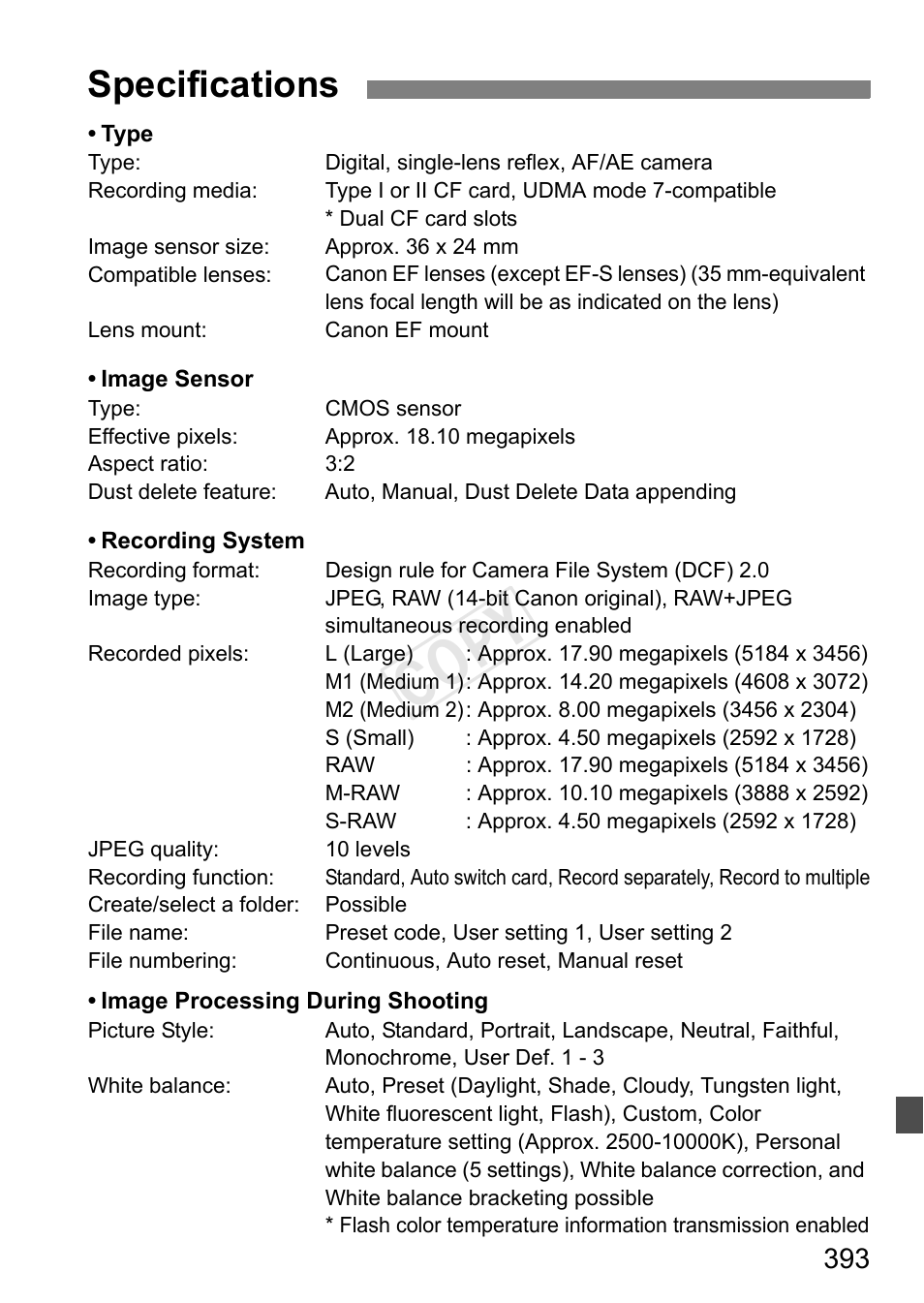 Specifications, Cop y | Canon EOS-1D C User Manual | Page 393 / 420