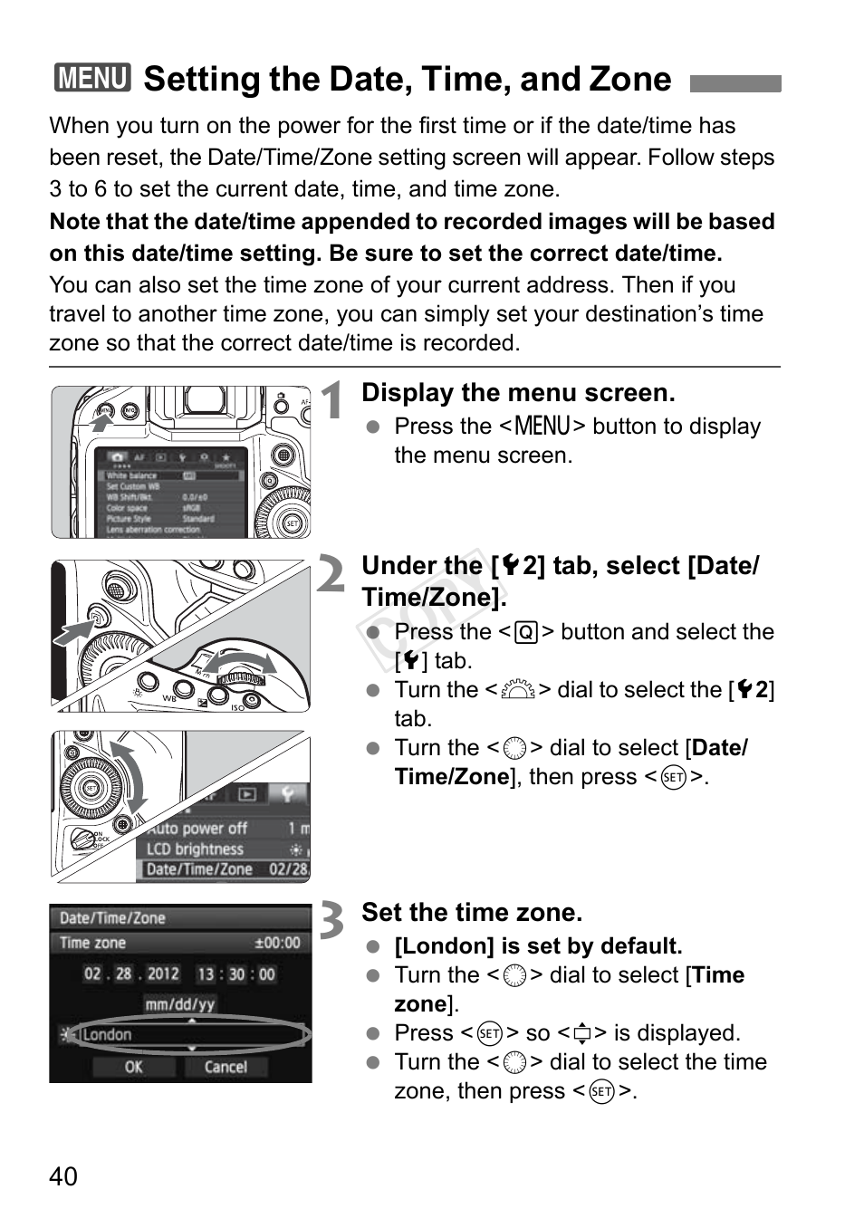 Setting the date, time, and zone, Cop y, 3setting the date, time, and zone | Canon EOS-1D C User Manual | Page 40 / 420