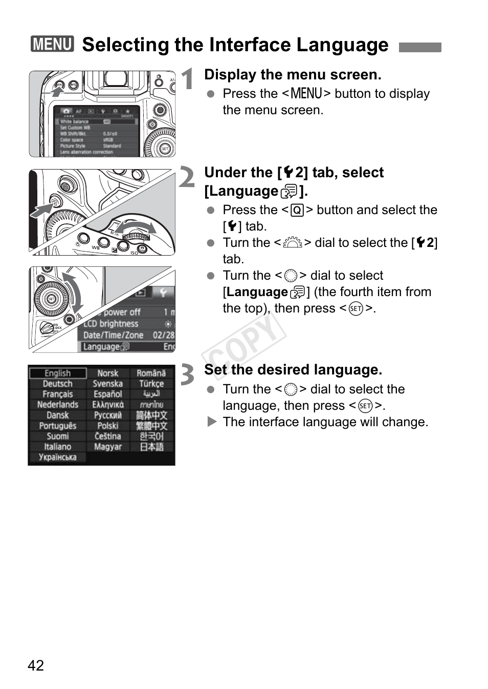 Selecting the interface language, Cop y, 3selecting the interface language | Canon EOS-1D C User Manual | Page 42 / 420