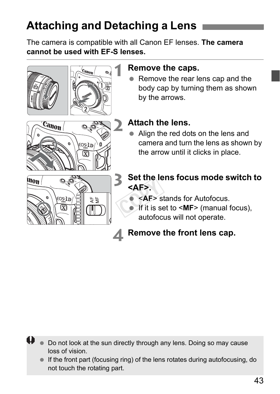 Attaching and detaching a lens, Cop y | Canon EOS-1D C User Manual | Page 43 / 420
