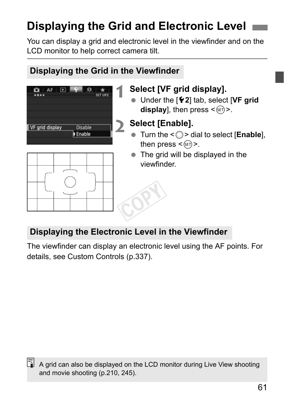 Displaying the grid and electronic level, Cop y | Canon EOS-1D C User Manual | Page 61 / 420