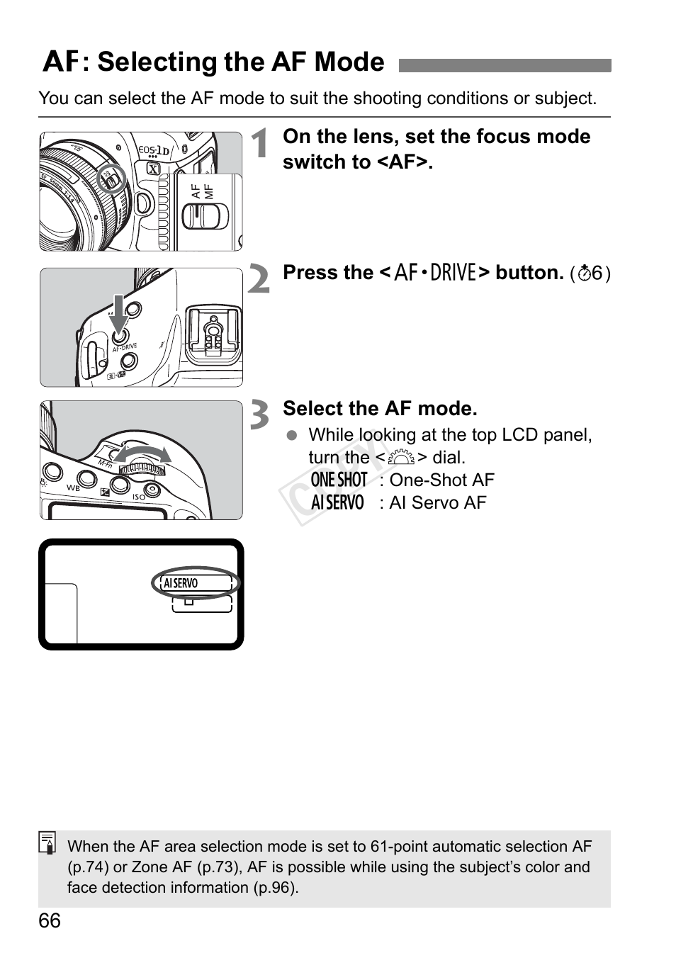 Selecting the af mode, Cop y | Canon EOS-1D C User Manual | Page 66 / 420