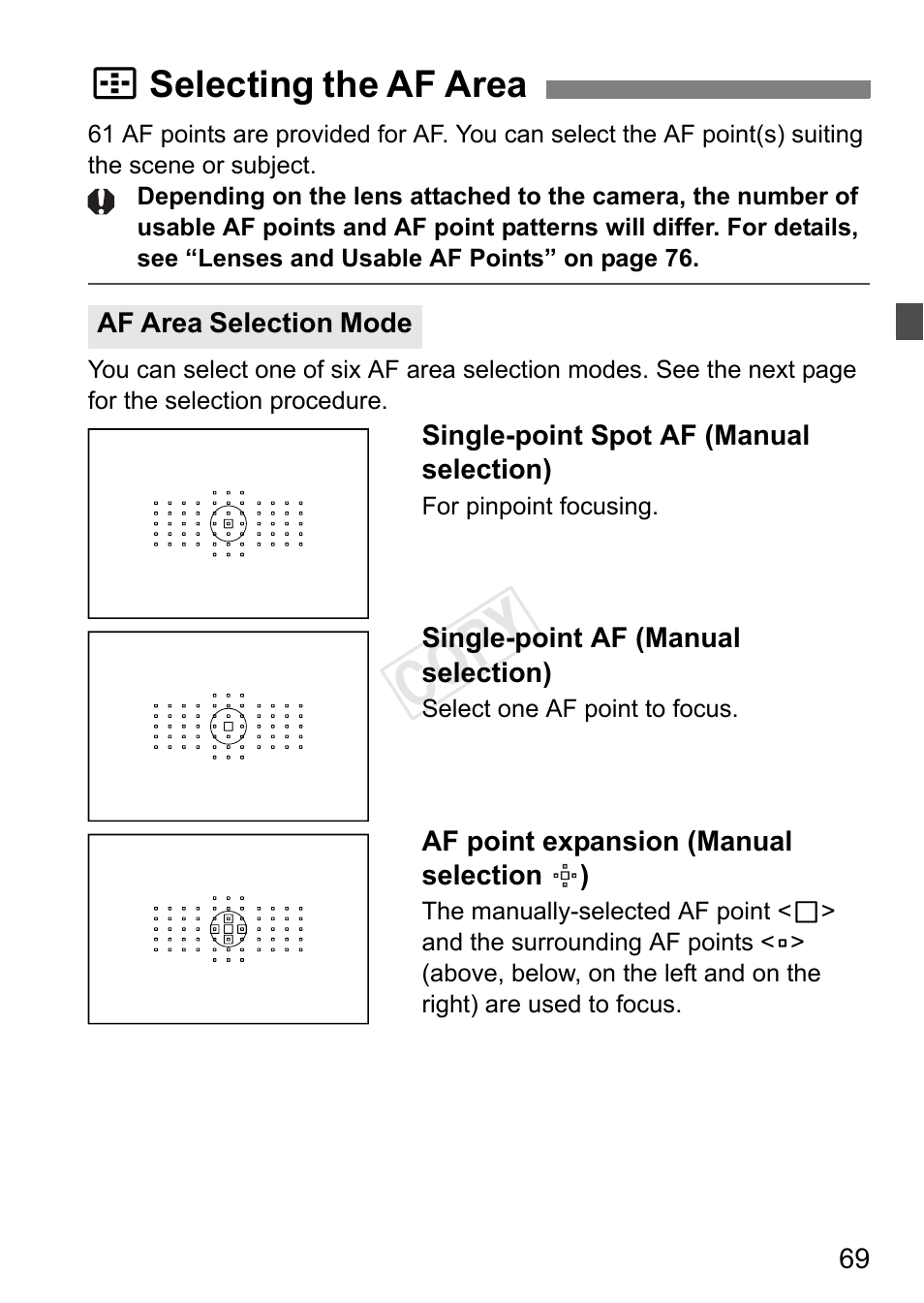 Selecting the af area, Cop y, Sselecting the af area | Canon EOS-1D C User Manual | Page 69 / 420