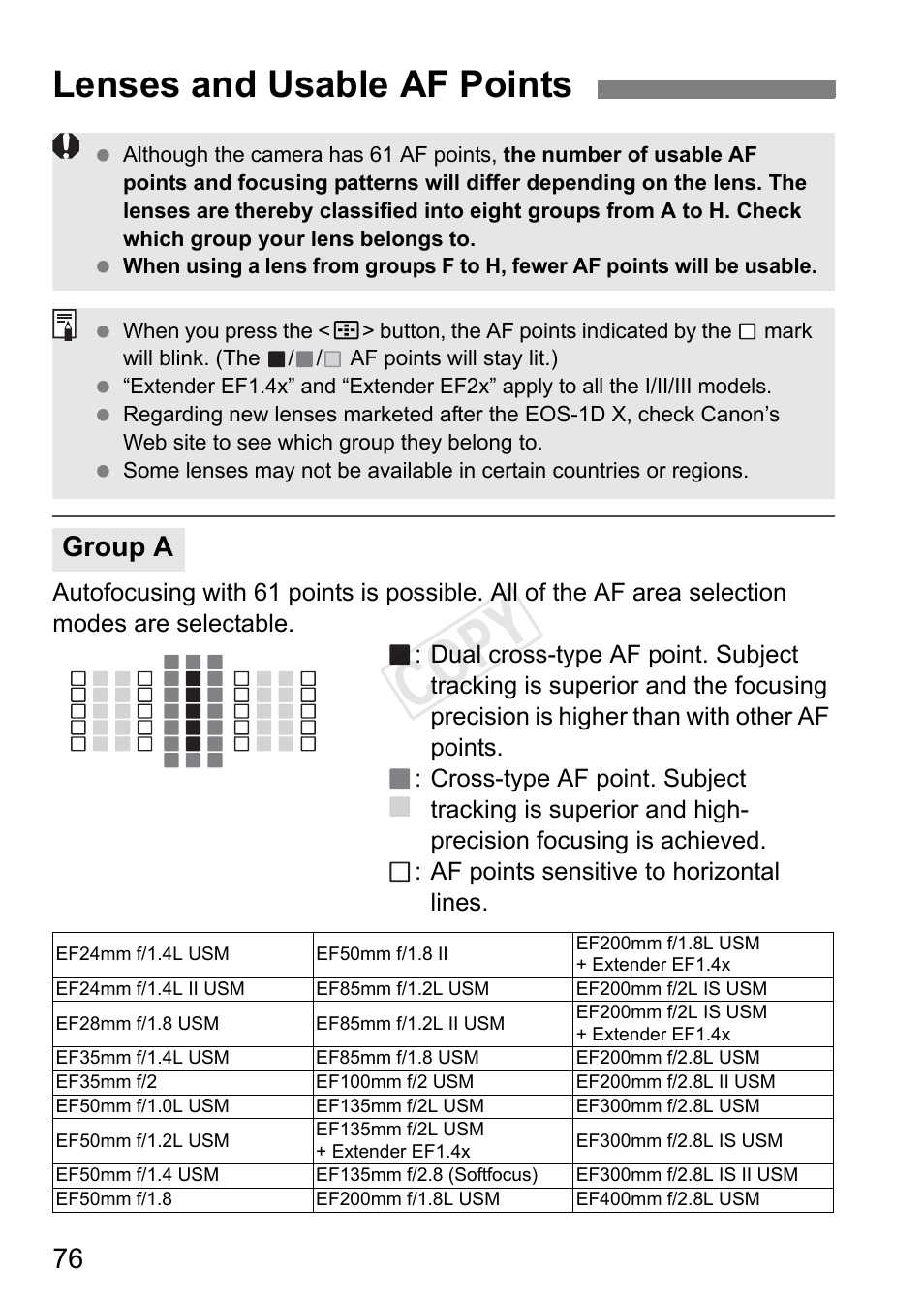 Lenses and usable af points, Cop y, Group a | Canon EOS-1D C User Manual | Page 76 / 420