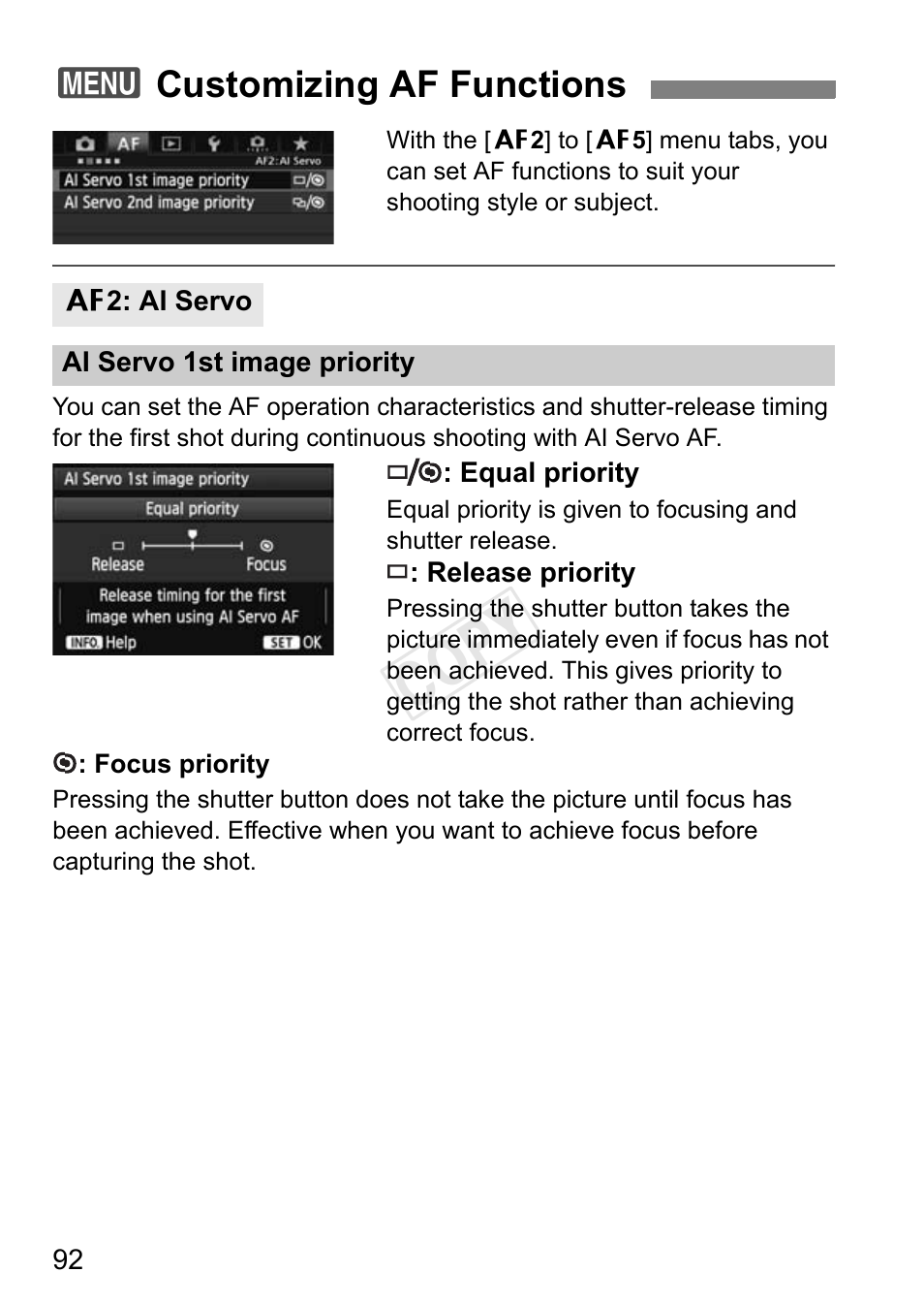 Customizing af functions, P.92, Cop y | 3customizing af functions | Canon EOS-1D C User Manual | Page 92 / 420