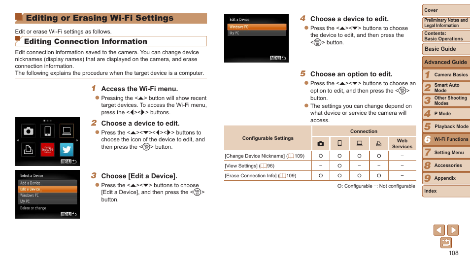 Editing or erasing wi-fi, Settings, Editing or erasing | Wi-fi settings, Editing or erasing wi-fi settings, Editing connection information | Canon PowerShot ELPH 115 IS User Manual | Page 108 / 151