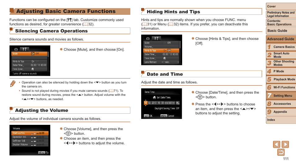 Adjusting basic camera, Functions, Adjusting basic camera functions | Silencing camera operations, Adjusting the volume, Hiding hints and tips, Date and time | Canon PowerShot ELPH 115 IS User Manual | Page 111 / 151