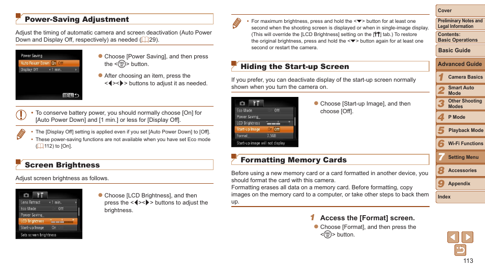 You prefer, Card, Power-saving adjustment | Screen brightness, Hiding the start-up screen | Canon PowerShot ELPH 115 IS User Manual | Page 113 / 151