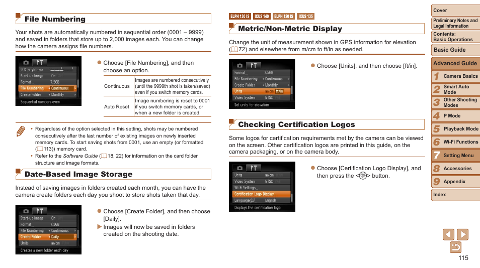 File numbering, Date-based image storage, Metric/non-metric display | Checking certification logos | Canon PowerShot ELPH 115 IS User Manual | Page 115 / 151