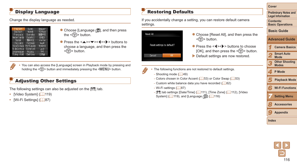 Settings, Display language, Adjusting other settings | Restoring defaults | Canon PowerShot ELPH 115 IS User Manual | Page 116 / 151