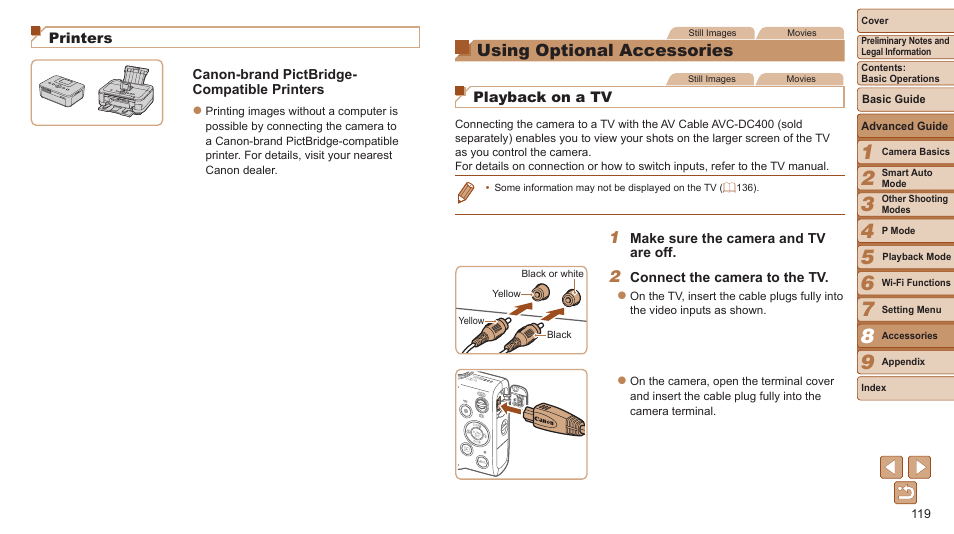 Using optional accessories, Ideo system, System | 119), and [language | Canon PowerShot ELPH 115 IS User Manual | Page 119 / 151